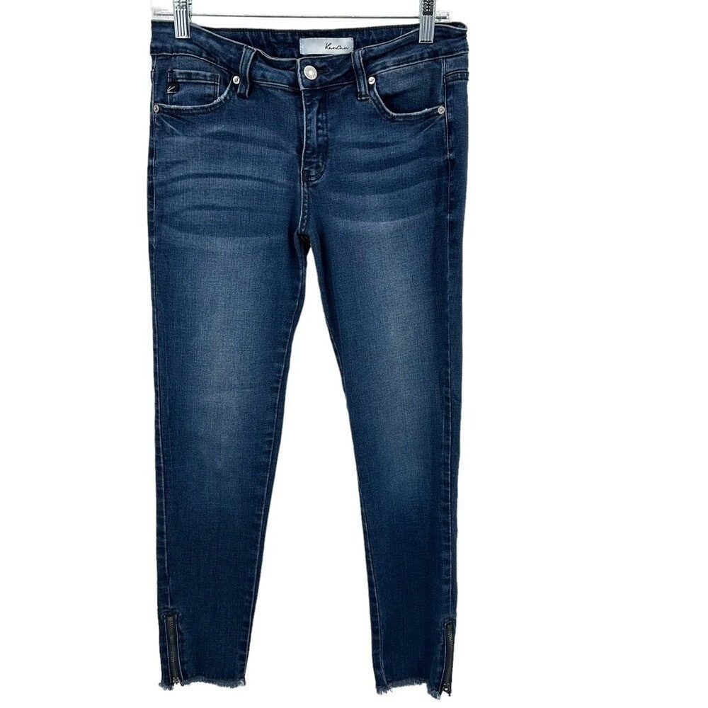 KanCan Womens Size 7/27 Dark Wash Skinny Jeans Ankle Zip Raw Hem Whiskered Y2K